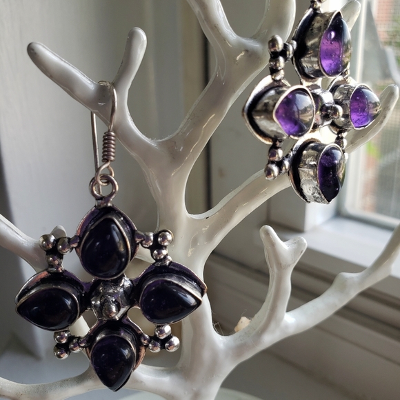 Earrings,  new, huge amethysts set in 925  silver,  handmade by Indian artisan. - Picture 1 of 4